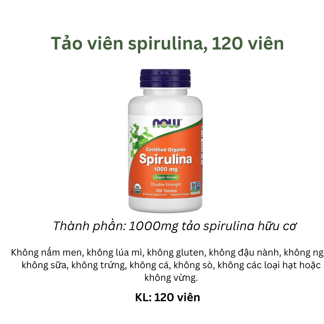 Tảo spirulina hữu cơ, gấp đôi sức mạnh, 1,000 mg, 120 Tablets, NOW Foods